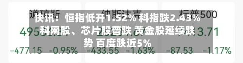 快讯：恒指低开1.52% 科指跌2.43% 科网股、芯片股普跌 黄金股延续跌势 百度跌近5%